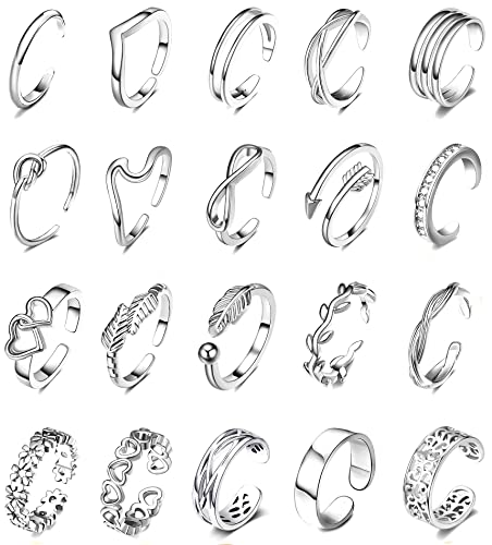 SHIWE 20PCS Adjustable Toe Rings for Women Rose Gold Silver Hypoallergenic Open Toe Ring Set Women Beach Foot Jewelry