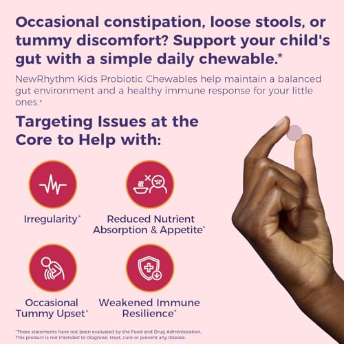 NewRhythm Kids Probiotic Chewables, 5 Billion CFU 10 Strains, with Prebiotic Fiber Inulin & Organic Acacia for Age 3+, Natural Peach Flavored, for Digestive & Immune Support, 30 Chewable Tablets — view 3
