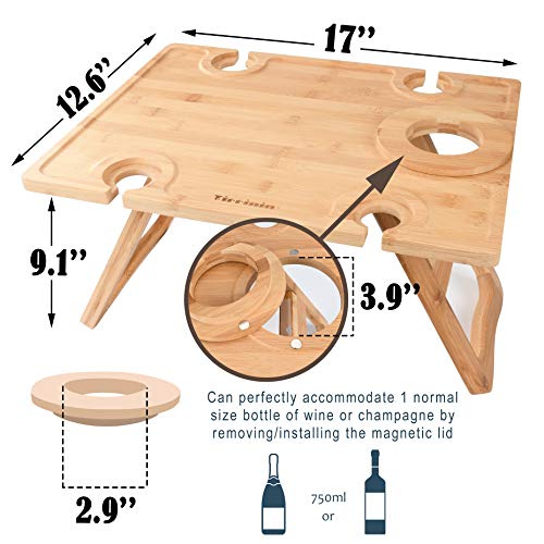 Tirrinia Bamboo Wine Picnic Table, Ideal Wine Lover Gift, Large Folding Portable Outdoor Snack & Cheese Tray For Concerts At Park, Beach #TOP5