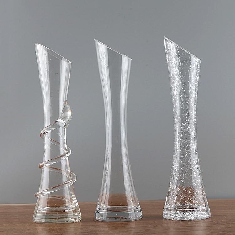 Clear Glass Bud Vase Handmade Blown Narrow Neck Single Stem Vase with Thread Pattern Oblique Mouth Flower Vases for Home Office Table Centerpiece Decor - Image 3