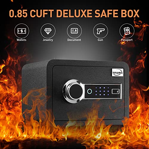 Tenamic Biometric Fingerprint Safe Box 0.85 Cubic Feet Fireproof Waterproof Safe Box With Induction Light And Leather, Solid Alloy Steel Office Hotel Home Cabinet Safe, Black #TOP1