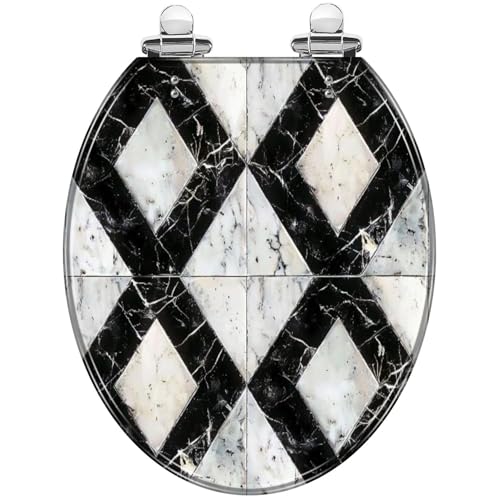 Round Toilet Seat Black white marble bricks wall marble wall Resin Toilet Seat Quietly Close Quick Release Hinges Decorative Toilet Seat with Cover Easy to Install