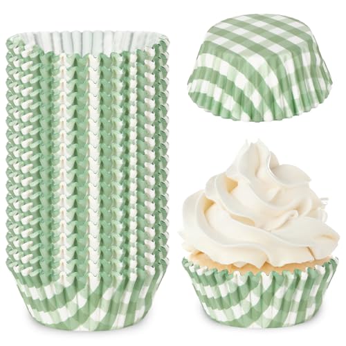 Whaline 300Pcs Sage Green Plaid Paper Baking Cups Green Checkered Cupcake Liners Small Cake Baking Cups Muffin Cupcake Wrappers for One Lucky Duck Birthday Baby Shower Wedding Party, 2x1.2 Inch
