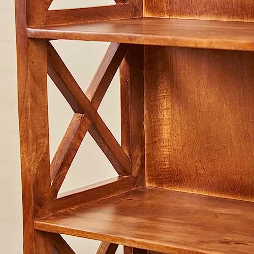 Image of Moracco Solid Wood Bookshelf - 5 Shelf Designer Floor Standing Bookcase with Mango Wood and Honey Finish for Home and Office Library Ideal for Home Decor
