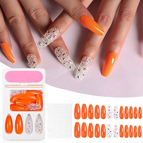 Nail Bright Neon Orange Press on Nails Tips Holographic 3D Diamond Long Coffin Ballerina UV nail Tips With Box Free Adhesive Tapes, mini nail file,wooden stick