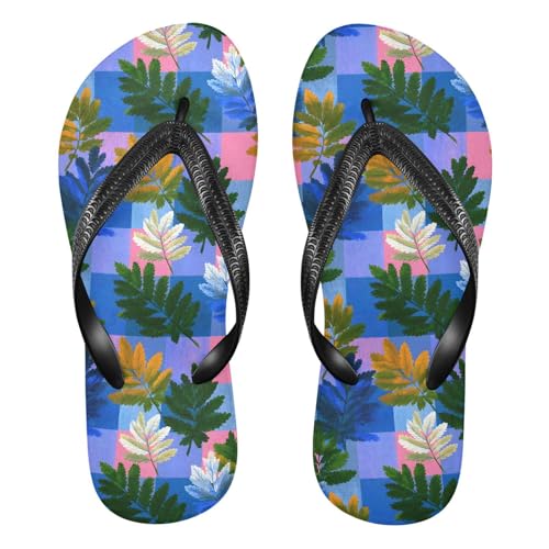 Flip Flop Sandals Checkered Leaf Print for Women Men Beach Outdoor XS