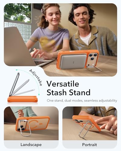 Image of ESR for iPhone 17 Pro Case with Stash Stand, Camera Control Cover Compatible with MagSafe, Military-Grade Drop Protection Magnetic Phone Case, Scratch-Resistant Back Cover, Frosted Orange