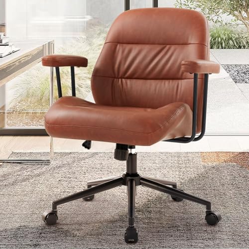 IWMH Home Office Chair with Removable Armrests PU Leather Ergonomic Desk Chair with Lumbar SupportMid-Century Modern Executive Task Chairs 360 Swivel Height Adjustable (Brown)