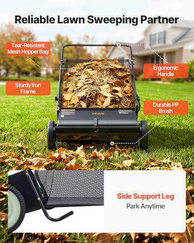 Image of VEVOR Push Lawn Sweeper 26 Inch Leaf & Grass Collector Strong Rubber Wheels | Heavy Duty Thickened Steel Durable to Use with Large Capacity 7 ft Mesh Collection Bag, 4 Spinning Brushes