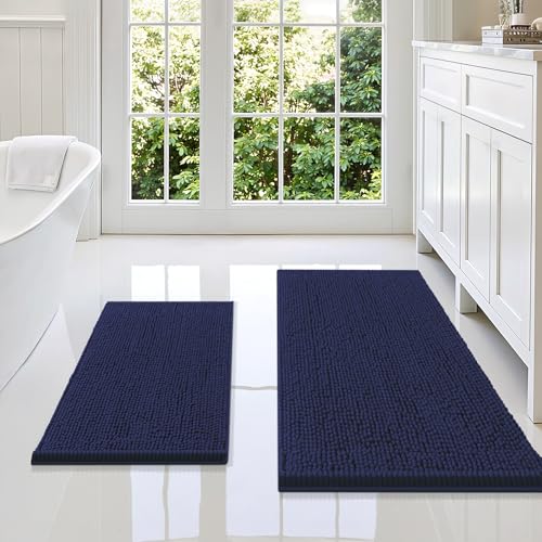 Image of Smiry Bathroom Rugs Sets 2 Piece, Soft Absorbent Chenille Machine Washable Non Slip Shaggy Bath Rug Set for Tub, Shower, and Floor (36x24+24x16, Navy Blue)