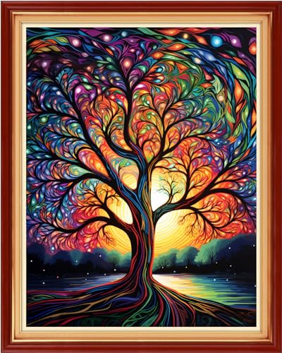 Image of Dooxvey Cross Stitch Kits for Adults Stamped Full Range of Embroidery Starter Kits for Beginners 11CT Printed Cross Stitch Patterns Needlepoint Kits Stamped Crossstitch-Colorful Tree 16x20 inch