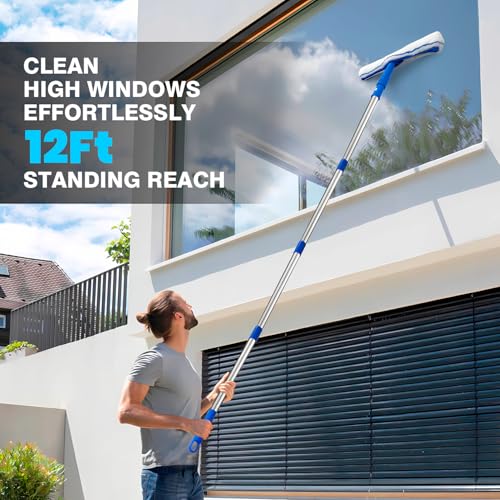 Image of ARTIPOLY Squeegee for Window Cleaning, 14 inch Extra-Large Squeegee & Microfiber Scrubber Combi with 60 inch Stainless Steel Pole, Window Cleaning Kit for Shower Glass Mirror Door Car-2 Pads