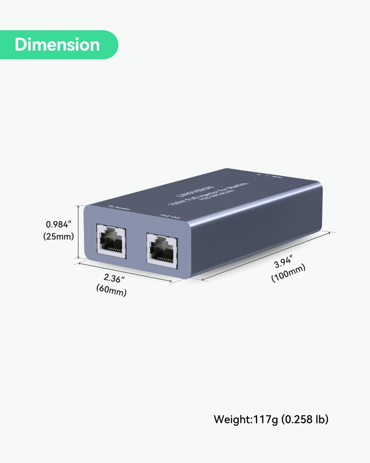 LINOVISION Injecteur PoE Haute Puissance 150W Full Gigabit pour Starlink avec Entrée 48-57V / 3A 10/100/1000M