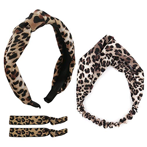 2 Pcs Leopard Headband, Wide Striped Knotted Cheetah Hairband with 2 Leopard Hair Ties Soft Satin Hair Accessories for Women