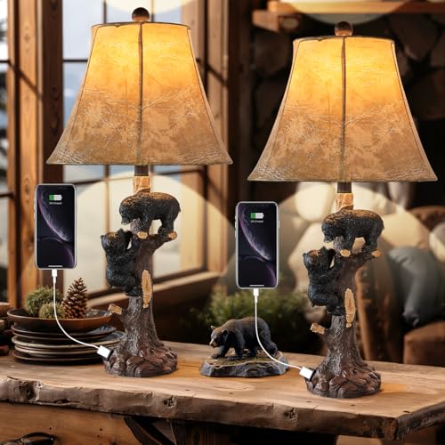 LOKHOM Climbing Bears Rustic Western Table Lamp Set of 2 26 Rustic Bedside Lamp with USB & TypeC Charging Port Natural Bears Table Lamp for Bedroom Living Room Foyer Office Valentines Day Gift