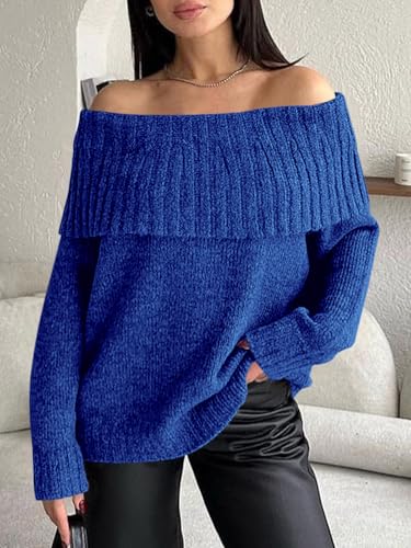 Image of Saodimallsu Womens Off The Shoulder Sweaters Oversized Long Sleeve Loose Ribbed Knit Fall Trendy Pullover Tops