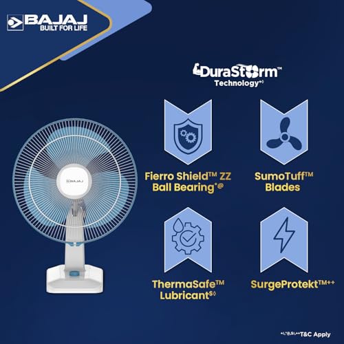 Image of Bajaj Shield Series Robusto High Speed 400MM Table Fan For Home | Durastorm Technology | Surge Protection | 100% Copper Motor | High Air Delivery | 3 Years Warranty 【Blue & White】
