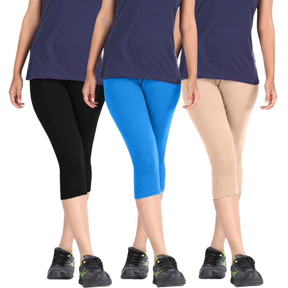 Biowashed Cotton Stretchable Capri Legging Combo Pack of 3 for Women/Girls/Ladies (Black, Sky Blue, Beige) - Free Size-picture-28