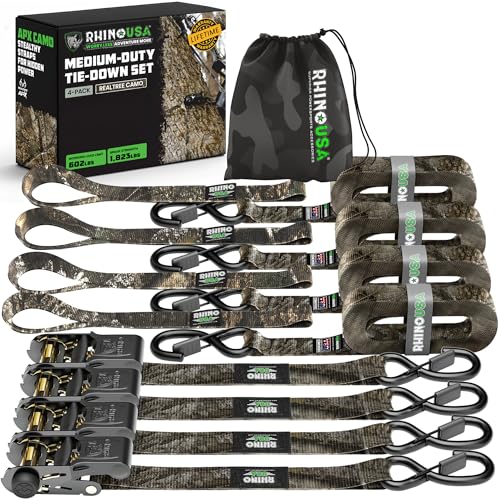 Image of Rhino USA x Realtree Ratchet Straps Tie Downs (4PK) - 1 inch x15' (1,823lb Break Strength) - Ultimate Tie Down Straps with Safety S Hooks - for Trucks, Cargo, Moving, Appliances- Realtree APX Camo