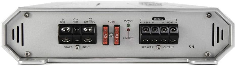 Rear panel of the Hifonics ZRX1216.2 amplifier showing power, ground, remote, fuse, and speaker terminals.