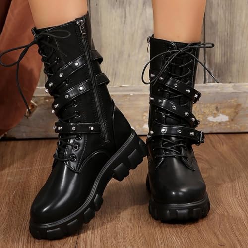 Generisch Damenstiefel Halbhoch Damen Stiefel Gothic Punk Style Mode Schnalle Plateau Keile Freizeitstiefel Flach Motorradstiefel Einfarbig Stiefeletten Bequeme Reitstiefel Elegant Winterstiefel