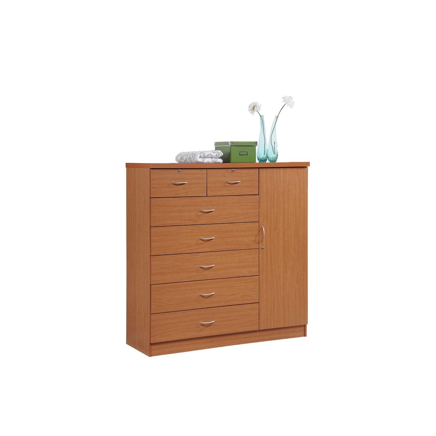 Photo 1 of Hodedah 7 Drawer Jumbo Chest, Five Large Drawers, Two Smaller Drawers with Two Lock, Hanging Rod, and Three Shelves | Cherry