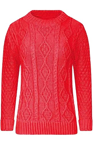 Image of STAR FASHION Cable Knitted Crew Neck Jumper Long Sleeve Womens Aran Knit Jumpers Sweater Pullover Top Red ML