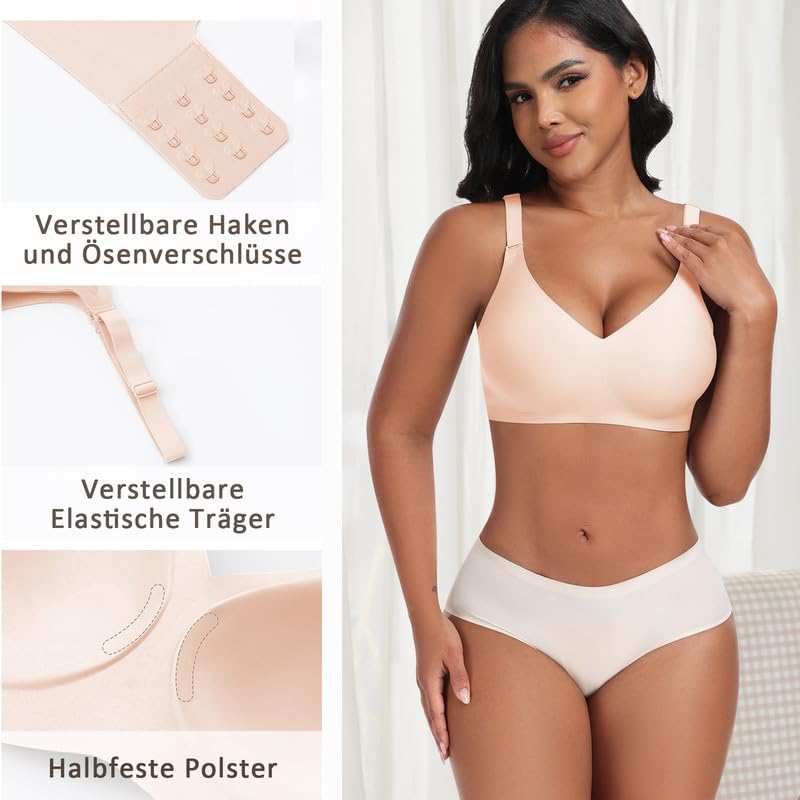 Jiuday Reggiseno senza ferretto, reggiseno push up con seni grandi, tenuta forte, senza stiratura, imbottito, senza cuciture, senza buegel, Nero + beige., XL