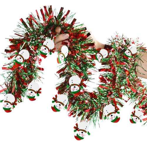 Ghirlanda Albero di Natale 2M Festoni Natalizi Orpelli Tinsel Metalliche Scintillanti Rosse e Verdi Pupazzo di Neve Natalizio Decorazione per Porta Parete Finestra Camino