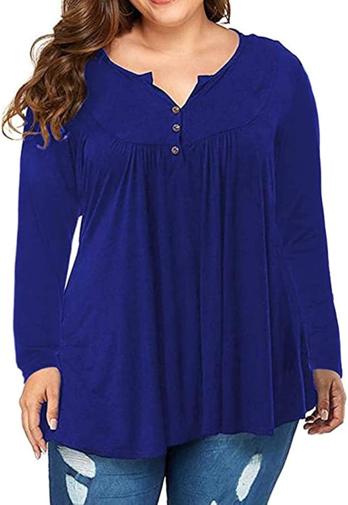 POSESHE Women's Plus Size Henley V Neck Button up Tunic Tops Casual Long Sleeve Blouse Shirts