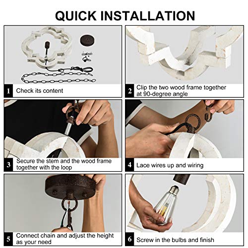 Wochos Farmhouse Orb Chandelier 1-Light Rustic Handmade Wood Chandelier Light Fixture For Dining Room, Kitchen, Living Rooms And Hallway, White, D 16.5" X H 17.9" #TOP6