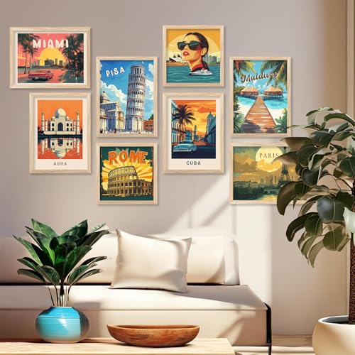 Image of kotart Retro Travel Theme Wall Poster with Frame for Room Office Living Room Hotel Home Decor - Modern Art City Vibes Wall Decor Photo Frames - Framed Posters / Paintings Set of 8 (Art 5, Small(10x13 or 10x10 inch), Framed)