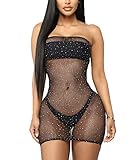 Michellecmm Women Sexy Fishnet Mini Dress, See Through Babydoll Rhinestone Mesh Backless Sleeveless...