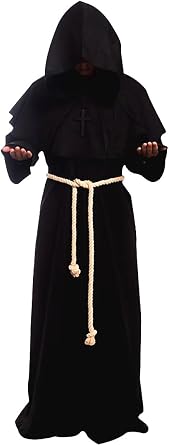 Medieval Priest Monk Robe Hooded Cloak Wizard Sorcerer Cape Large,Black Robe