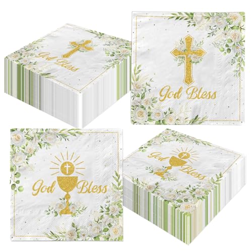 48Pcs Baptism Napkins God Bless Cross Paper Napkins Floral Disposable First Communion Decor for Christening Baby Shower Mi Bautizo Religious Party Supplies