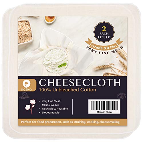 Cheese Cloths for Straining, Grade 100, 15 x 15inch 2 Pack, Hemmed Cheesecloth for Cooking, 100% Combed Unbleached Cotton Cheese Cloth