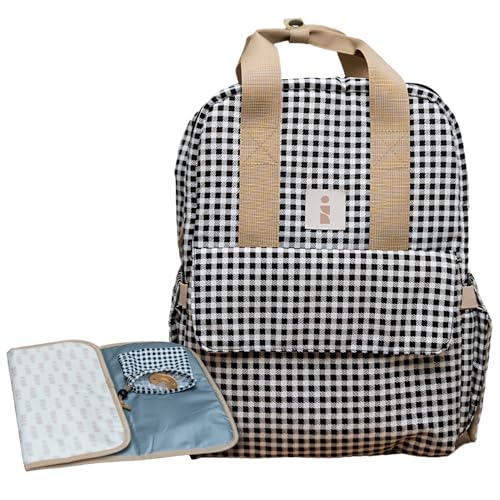 ANCRIVE Mochila Carro Bebé Cuadros Vichy Negro – Bolsa Maternidad Impermeable con Cambiador y Portachupetes – Pañalera Multifuncional para Papás y Mamás