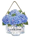 Harooni Summer Hydrangea Welcome Sign for Front Door Blue Hydrangea Vase Floral Hanging Wreath 11.8'x11.8' Summer Flower Farmhouse Wood Sign Holiday Decor for Indoor Outdoor