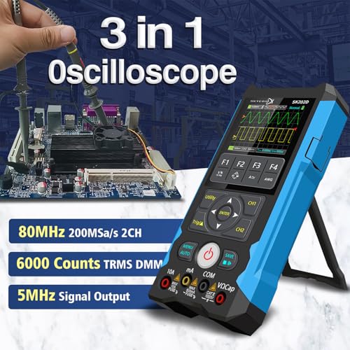 Image of ET202D 3 in 1 Handheld Oscilloscope Multimeter DDS Generator, 2 Channels, 80MHz Bandwidth, 200MSa /s Sampling Rate, 6000 Counts, Voltage, Current, Capacitor, Resistor, Diode Test
