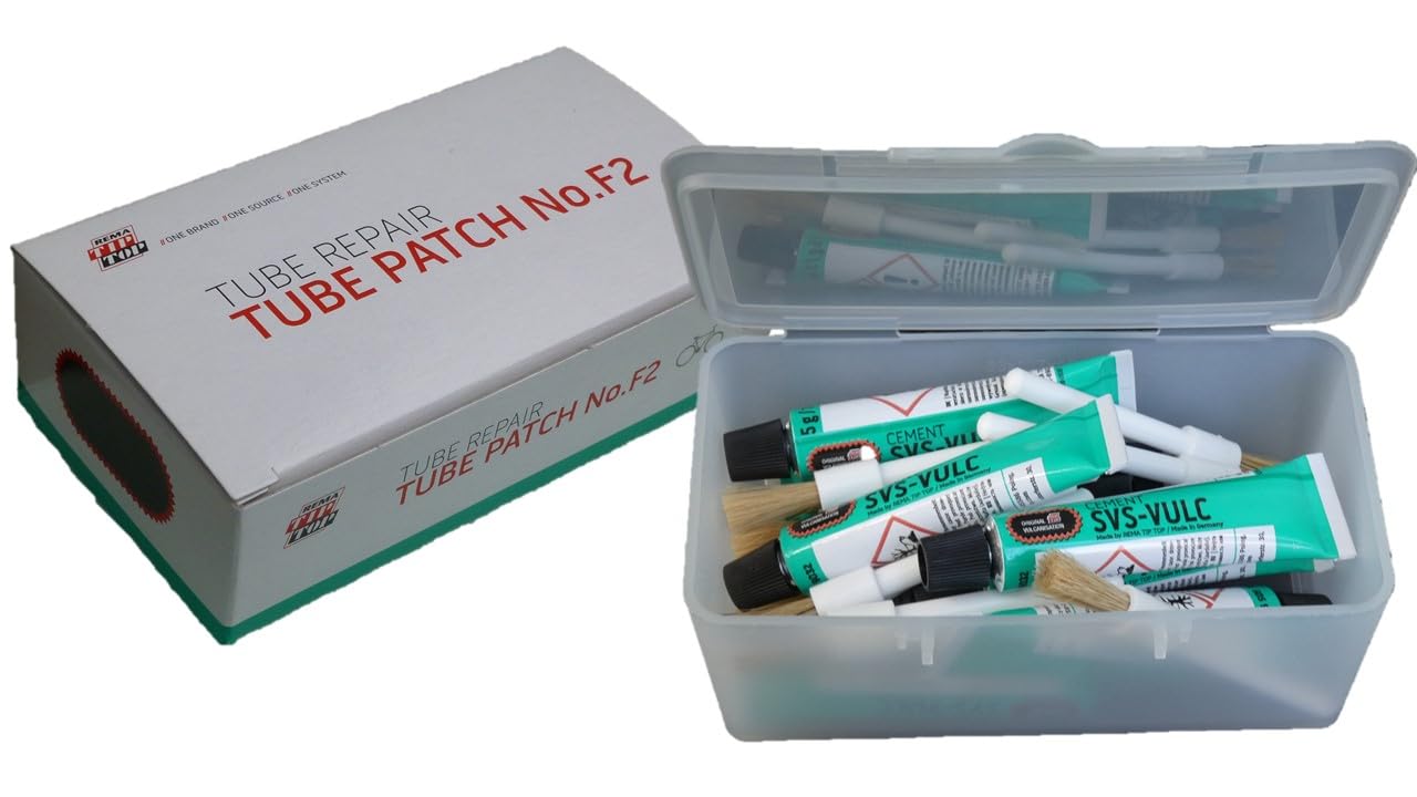 Vulkanisierlösung-​Schlauchflicken-Set No.F2 (50 x 25 mm) | Schlauch-Reparatur-Set mit 100 Flicken Größe F2, 10 Tuben Vulkanisierlösung und 10 Pinseln 68 mm lang
