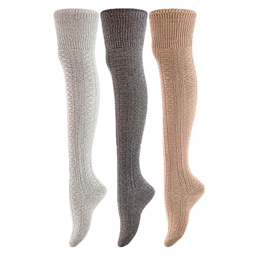 Women's 3 Pairs Thigh High Cotton Socks JM1025 Size 6-9 (Grey,DarkGrey,Beige)