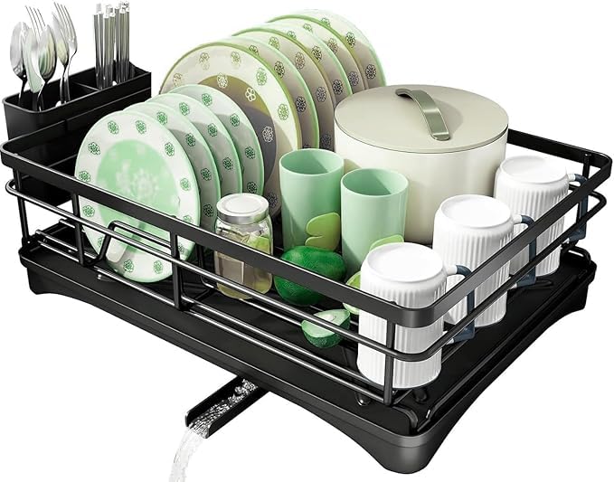 OKHOUSE Escurridor de Trastes Acero Inoxidable sobre Fregadero,Estante para Secar Platos sobre el Fregadero para Platos,Copas de Vino con Bandeja de Canaleta en 360°,Cubiertos y...