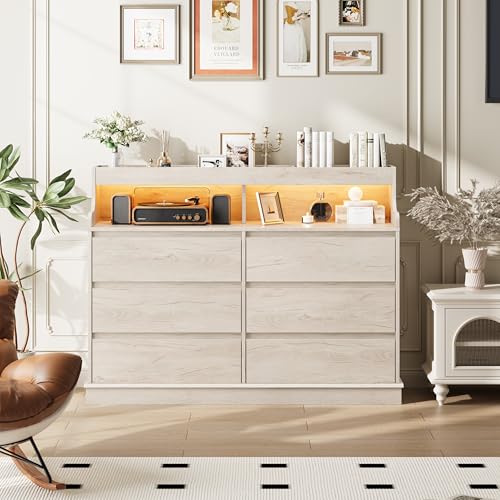 Dresser for Bedroom, 6 Drawer Dresser with LED Lights and Charging Station, Wide Chest of 6 Drawers with Open Space, Modern Large Capacity Storage Cabinet, Living Room, Hallway, Oak