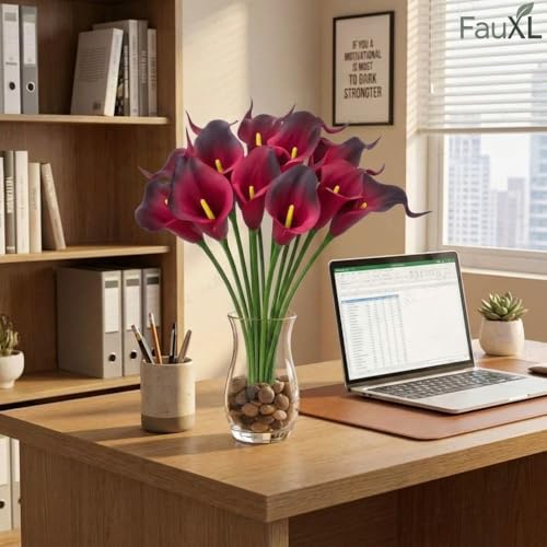 Image of 10 Pcs Artificial Calla Lily Flowers Bunch for Vase and Flower Pots- Premium Real-Look Faux Lily Stems for Home Decor, Living Room, Bedroom, Office Decoration (Vase not Included) (Dark-Maroon)