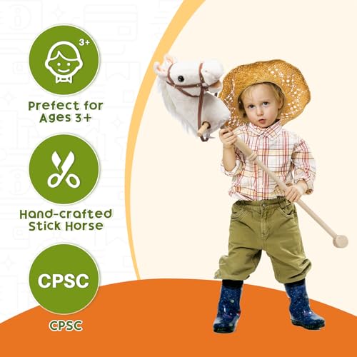 HollyHOME Stick Horse Plush Handcrafted Hobby Horse on a Stick with Wood Wheels Real Pony Neighing and Galloping Sounds for Kids Toddlers White 36 Inches(AA Batteries Required) - Image 6