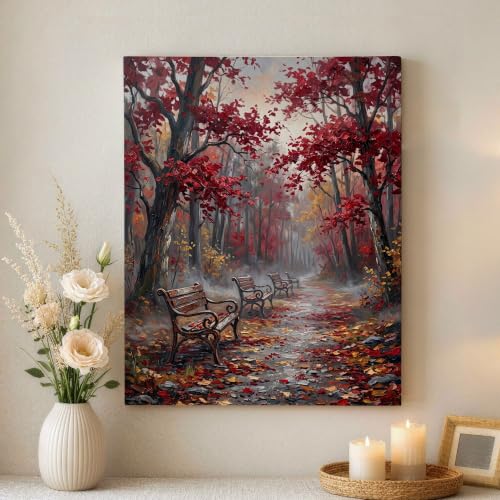 Decoración de salón con lienzo de paisaje otoñal rojo para entradas acogedoras