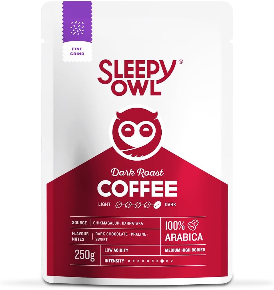 Sleepy Owl Dark Roast Ground Coffee | Fine Grind Coffee | Suitable for Moka Pot, Home Espresso brewing | 100% Arabica | Freshly Roasted & Ground | 250g | Directly Sourced From Chikmagalur