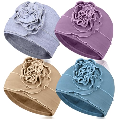 Samserot Lot de 4 couvre-chefs de chimio en coton respirant pour femme avec perte de cheveux, Gris clair + violet clair + bleu clair + kaki, Taille unique