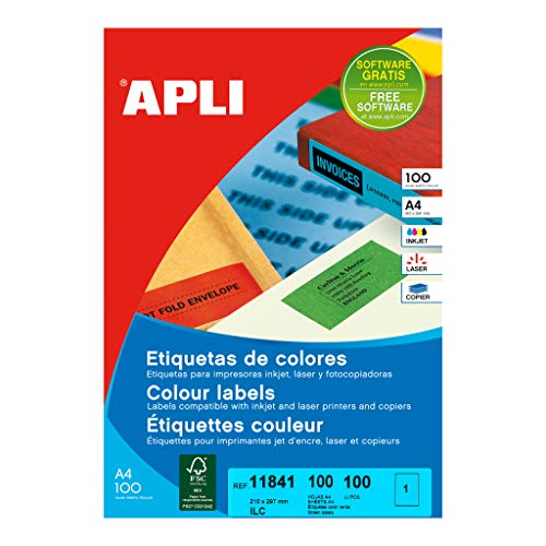 APLI 11841 Etiquettes Vert à adhésif permanent pour une impression laser et jet d'encre nette