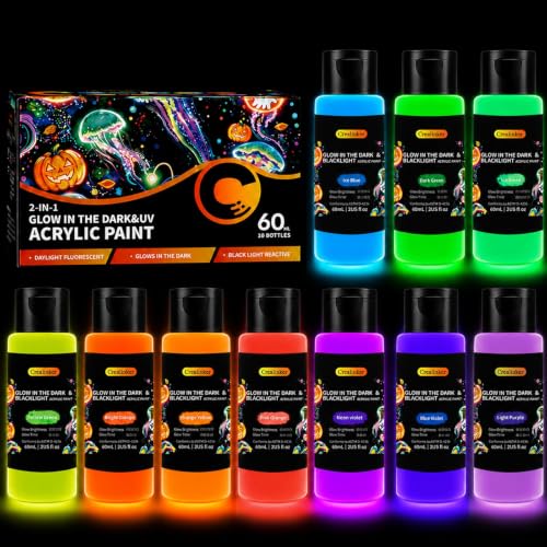 CREALINKER Glow in the Dark Acrylic Paint, 10 Colors 2oz/60ml Bright Neon Glow Paint, Long Lasting Black Light Fluorescent Paints for Outdoor Rocks, Canvas, Wood, DIY Craft, Glass, Night Party Decor.